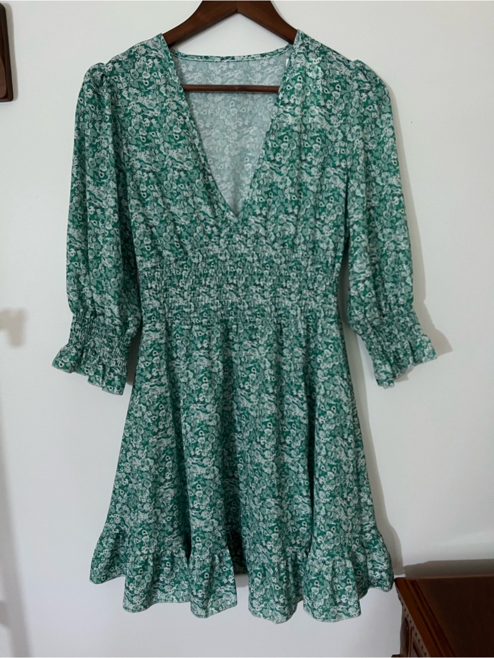 Green Floral V-Neck Smocked Mini Dress with Ruffle Hem